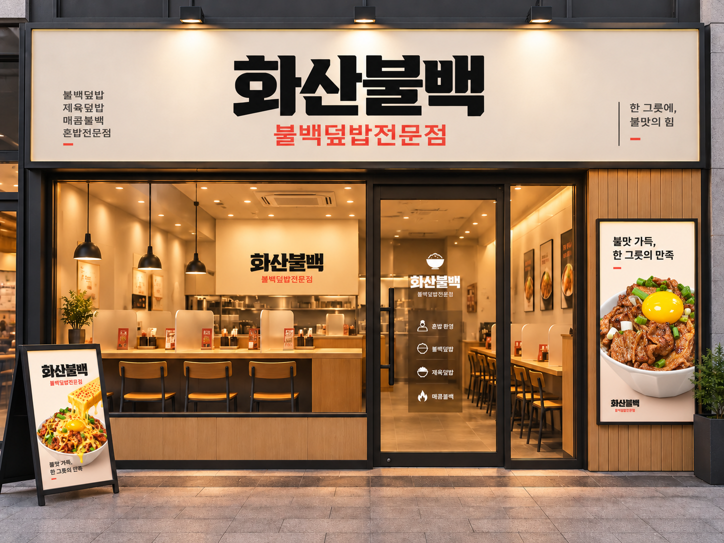 1인 좌석을 갖춘 화산불백 매장 디자인 시안